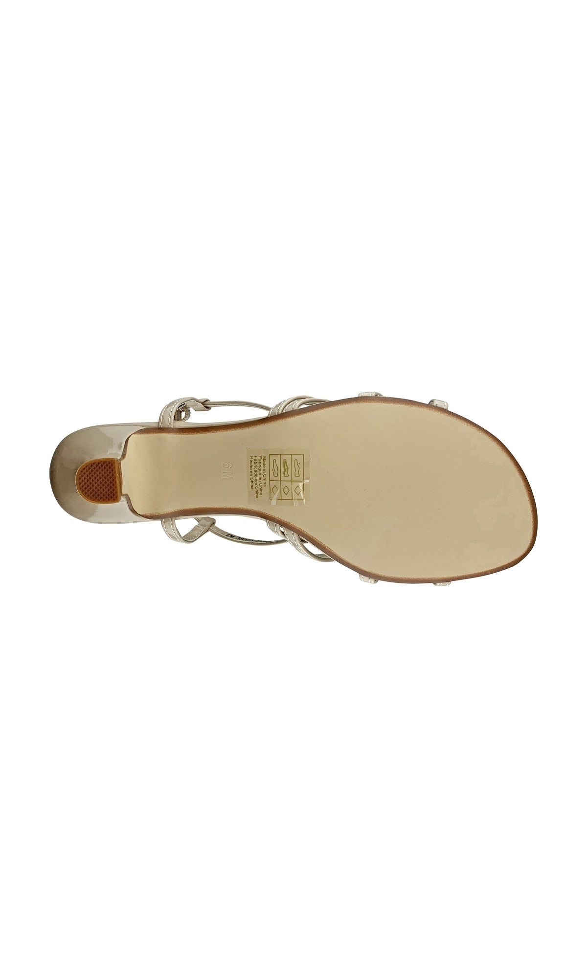 Top view of the Eileen Nude Strappy Prom Shoes (Touch Ups 4190) featuring slender straps, ankle buckle closures, and visible tread detail near the heel.